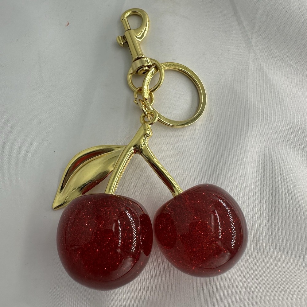 Red Glitter Cherry Keychain Silver Tone Bag Charm Pendant - Luxury Bag Charm